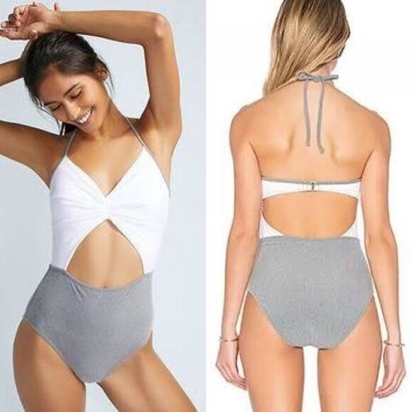 Kore Swim Maillot one piece swimsuit colorblock halter  static gray white Sz S - Picture 1 of 10